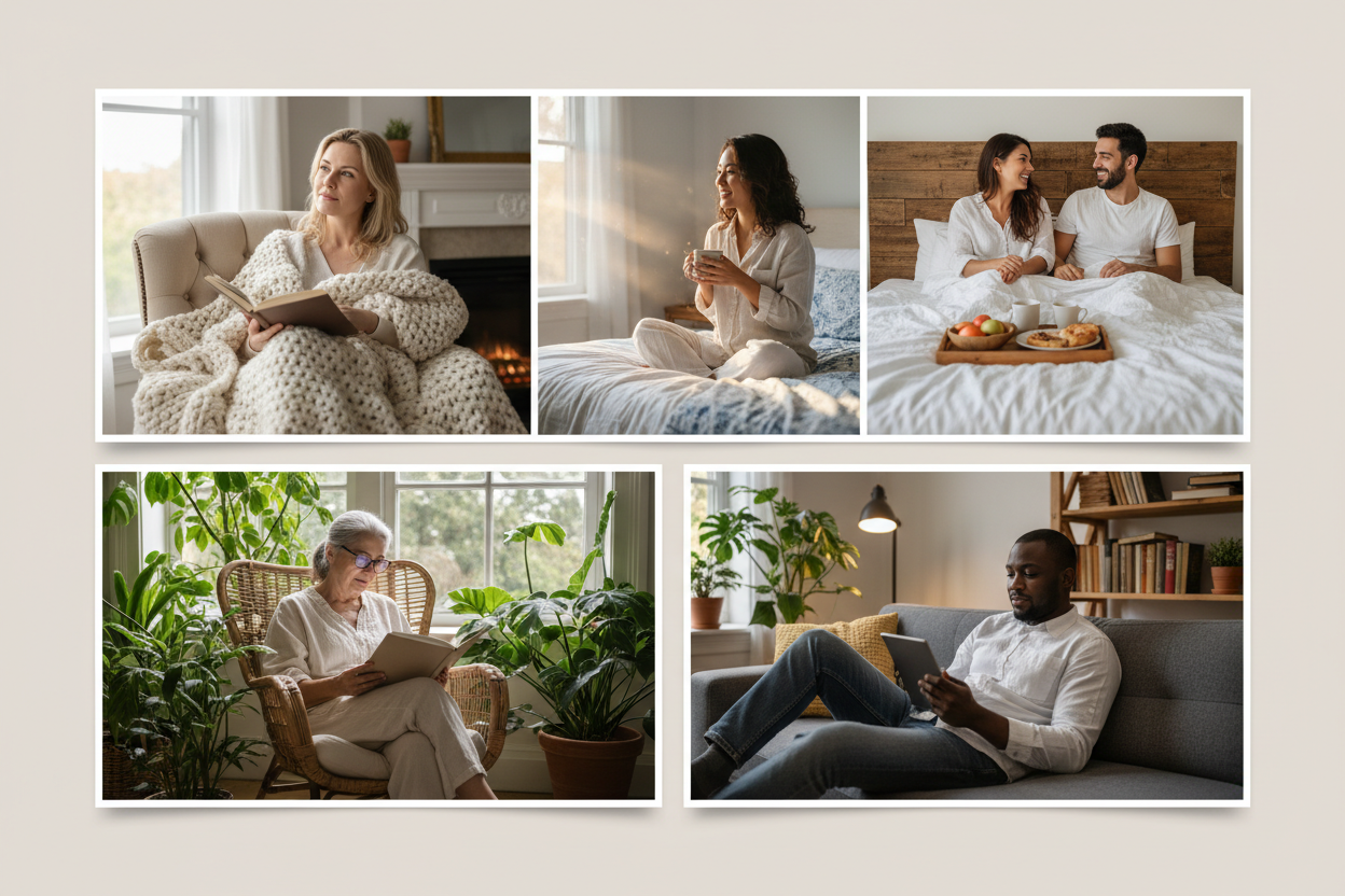 Create realistic 5 different people, like a collage, asking for their opinion for Home & Living Category products, very cosy and pleased