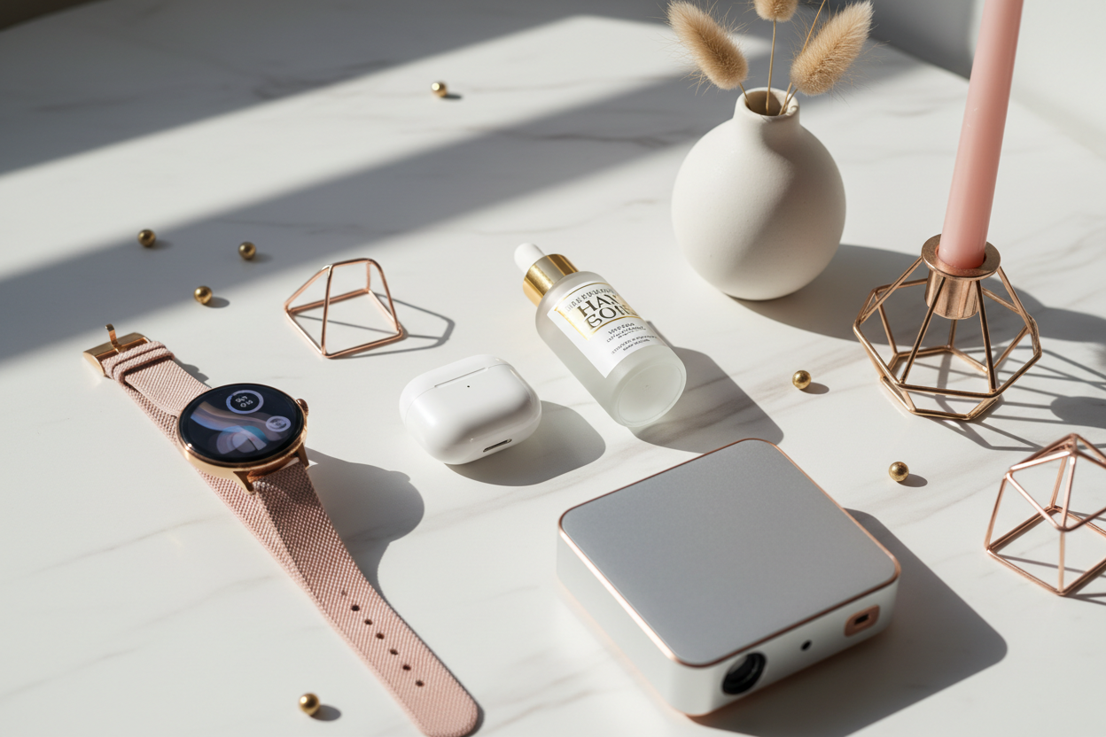 Generate a picture that is appropirate for a Shopify Dropshipping page that has different categories of products with all handpicked products that create value to customers, the catogieres incl. Health and Beauty, Home Accessoires, Technology devices, etc, the picture should be exciting to find a great product, it should make a reliable and trustworthy feeling and trigger to buy a product immediately, market is international